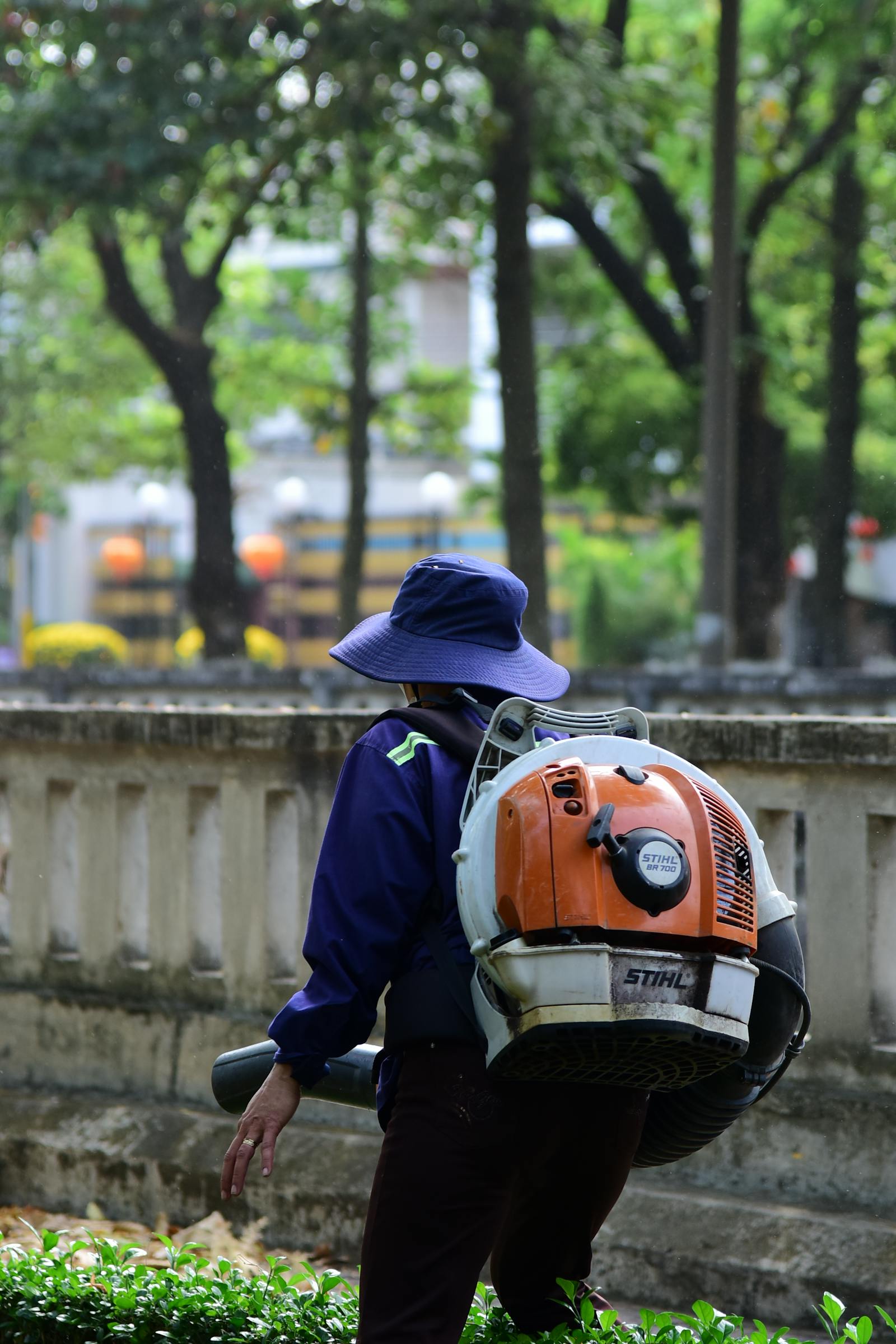 Backpack-blower clearing fall leaves into a tidy pile on a residential lawn.